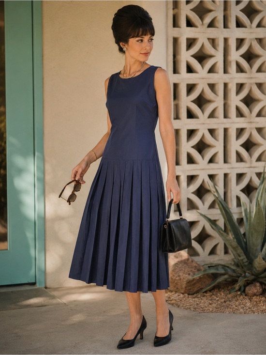 Vintage Dresses & Skirts - Vintage 1950’s/1960’s Suzy Perette Navy Sleeveless Pleated Midi Dress Sz 10